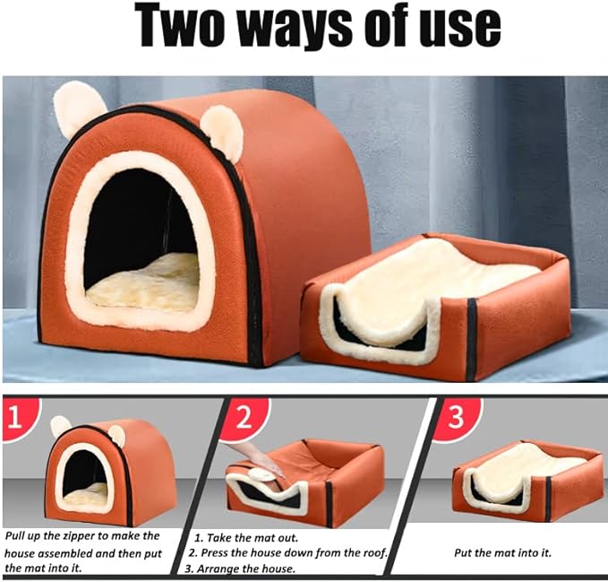 Dog Bed or Cat Bed,2 Ways to Use,Indoor Pet House with Fluffy Mat,Removable and Washable Cover,Splash-Proof House and Non-Slip Bottom,for Cats and Small Dogs(M Brick)