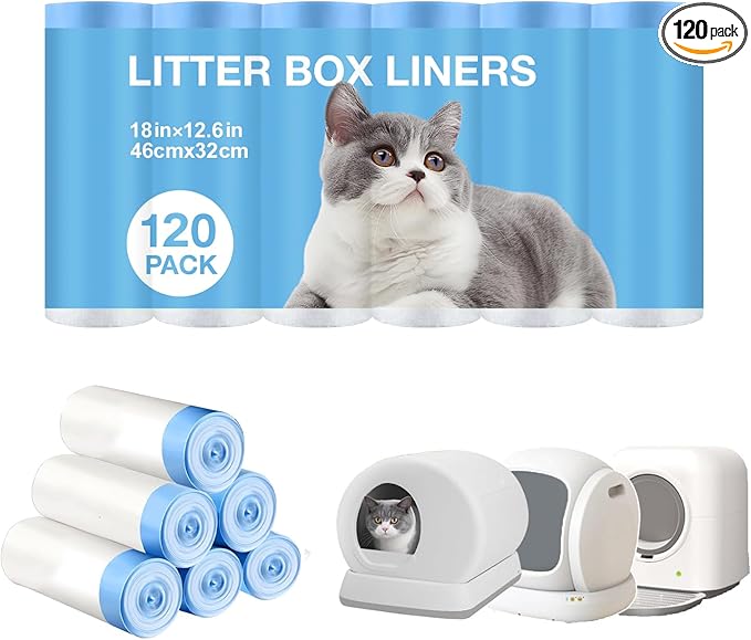 Thicken Cat Litter Bags 120 Pack, cat litter box liners, Leakproof Poop Bags & Waste Bags - Ultimate Odor Control and Leakproof Design,6 Rolls Drawstring Trash Bags for Automatic Litte(18x12.6 inches）