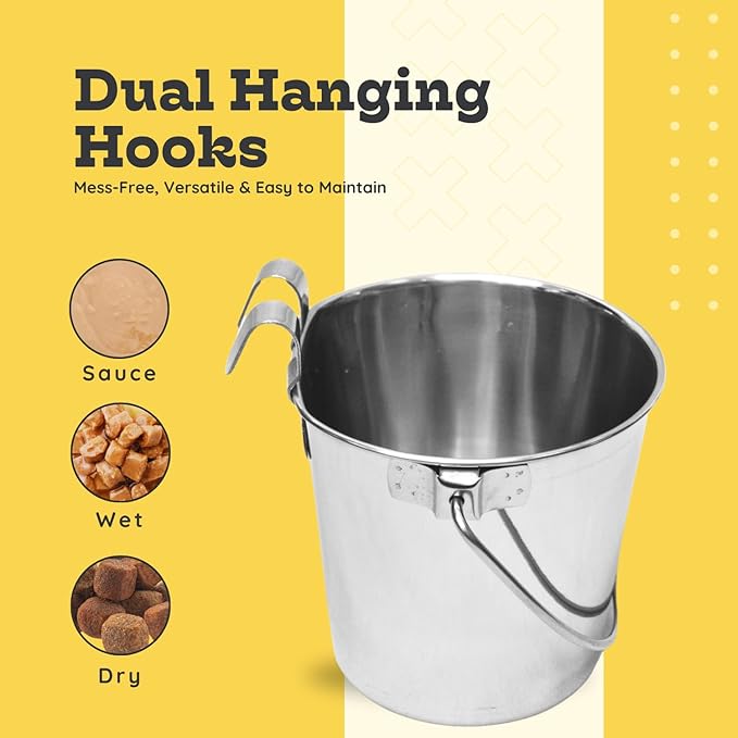 9 Quart Stainless Steel Flat Sided Pail with Dual Hooks | Food & Water Hanging Bucket for XL Dog, Goat, Sheep, Calves & Livestock | Fits Kennels, Crates, Cages & Farm | Multipurpose Use