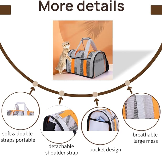 Airline Approved Soft Sided Cat Carrier and Small Dog Crate up to 15lbs - Lightweight Cats Bag Carrier for Pets with Litter Pocket for Kittens and Puppies (Gray and Orange, Medium)
