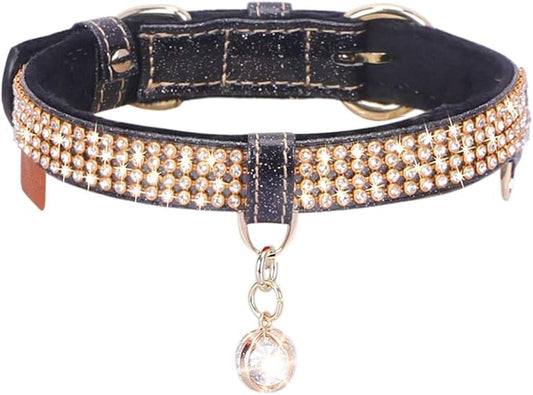 PetsHome Cat Collar, Dog Collar, [Bling Rhinestones] Premium PU Leather with Pendant Adjustable Collars for Big Cat and Small to Medium Dog Small Black