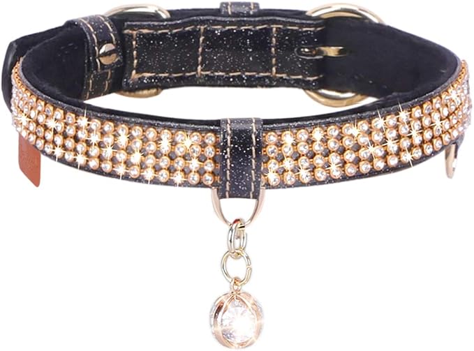 PetsHome Cat Collar, Dog Collar, [Bling Rhinestones] Premium PU Leather with Pendant Adjustable Collars for Cat and Small Dog Extra Small Black