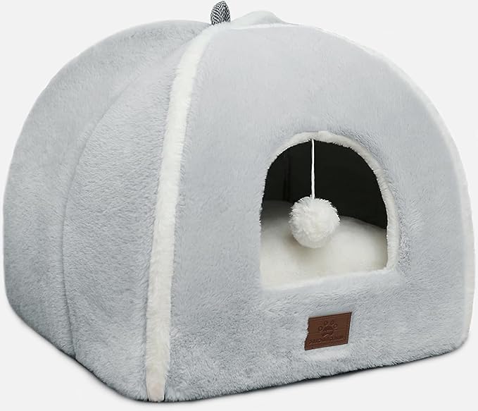 Large Cat Bed for Indoor Cats - Cat House Cats Tent with Removable Washable Cushioned Pillow, Soft and Self Kitten beds,Pet Bed, Grey,17.5inches