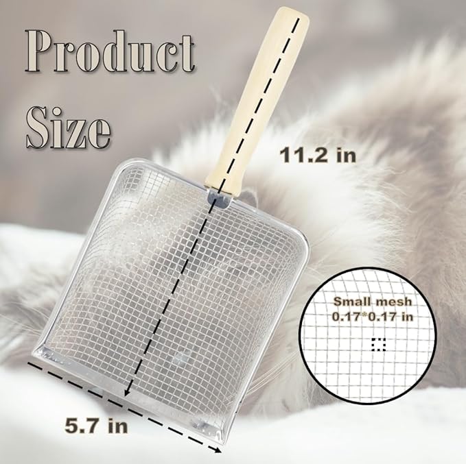 Fine Cat Litter Scoop, Stainless Steel Mesh Scooper, Kitty Metal Scooper for Litter Box Kitten Pooper, Wide Rabbit Poop Lifter with Beech Handle