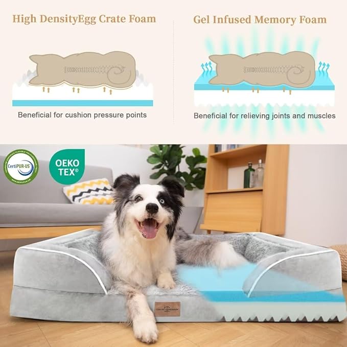 Comfort Expression Orthopedic Dog Bed for Large Dogs 36x27 Inch, Waterproof Supportive Memory Foam Large Pet Bed with Removable Bolsters, Dog Couch with Washable Cover & Non-Slip Bottom, Light Grey