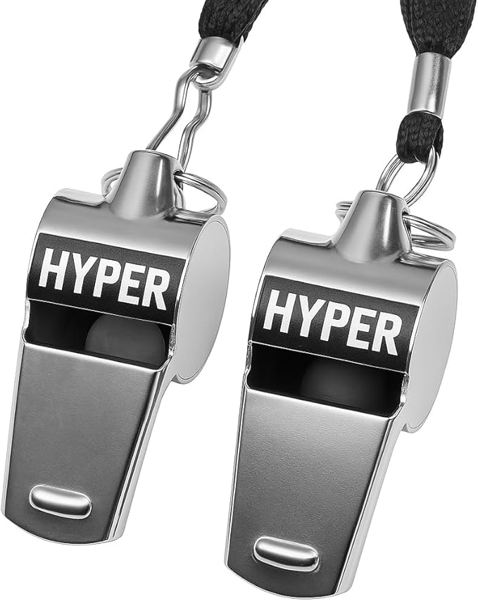 HyperSteel Stainless Steel Sports Whistles (2 Pack) with Lanyards - Super Loud - Durable - Clear Sound - Ideal for Coaching, Referee, Survival, Emergency, Dog Training, Boating, Hunting.