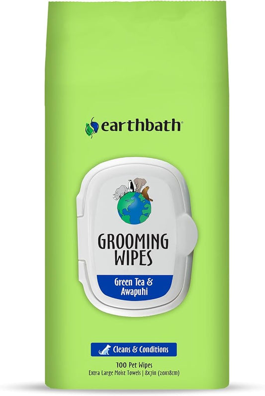 earthbath, Green Tea & Awapuhi Grooming Wipes - Dog Wipes for Paws and Butt, Best Pet Wipes for Dogs & Cats, Made in USA, Cruelty-Free Dog Cleaning Wipes, Removes Dirt & Dander - 100 Count (1 Pack)