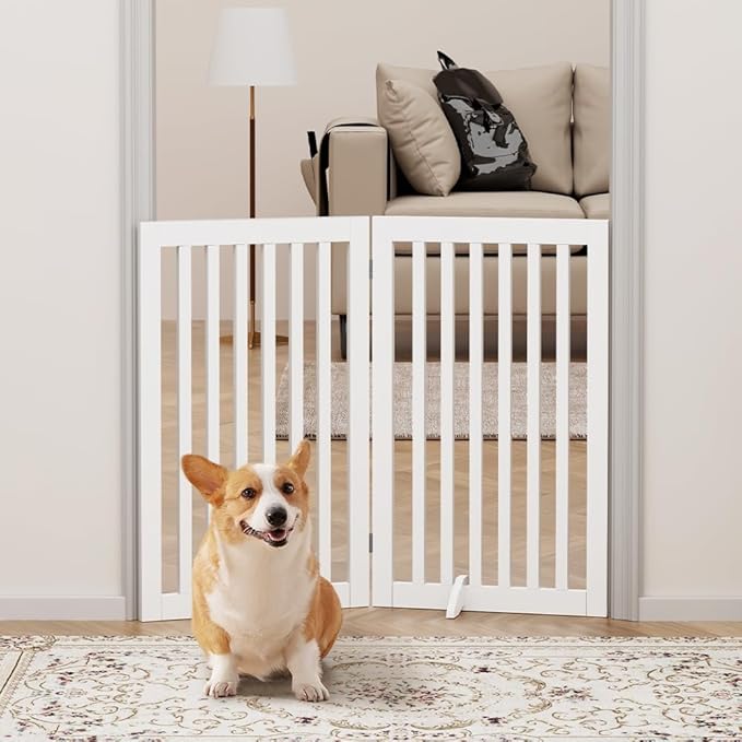 unipaws 36”H Free Standing Pet Gate for Dog and Cat, Wooden Dog Gates for Doorway, Stairs, Room Divider, Step Over Foldable Pet Fence for The House, Expandable Barrier, Indoor Use, White