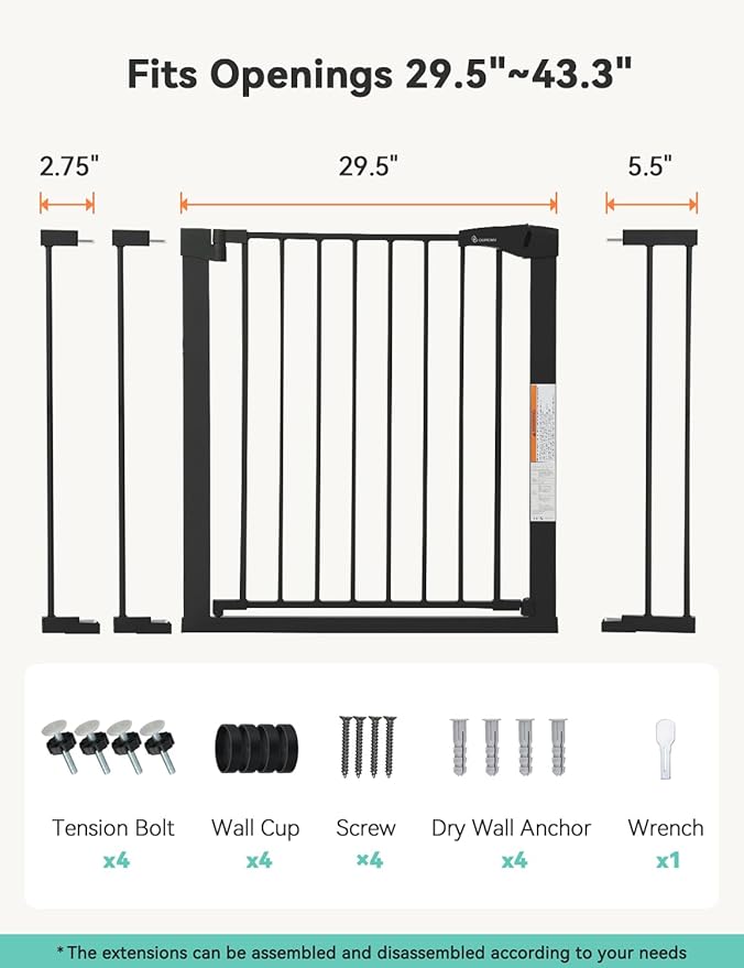 COMOMY 30" Tall Baby Gate for Stairs Doorways, Fits Openings 29.5" to 43.3" Wide, Auto Close Extra Wide Dog Gate for House, Pressure Mounted Easy Walk Through Pet Gate with Door, Black