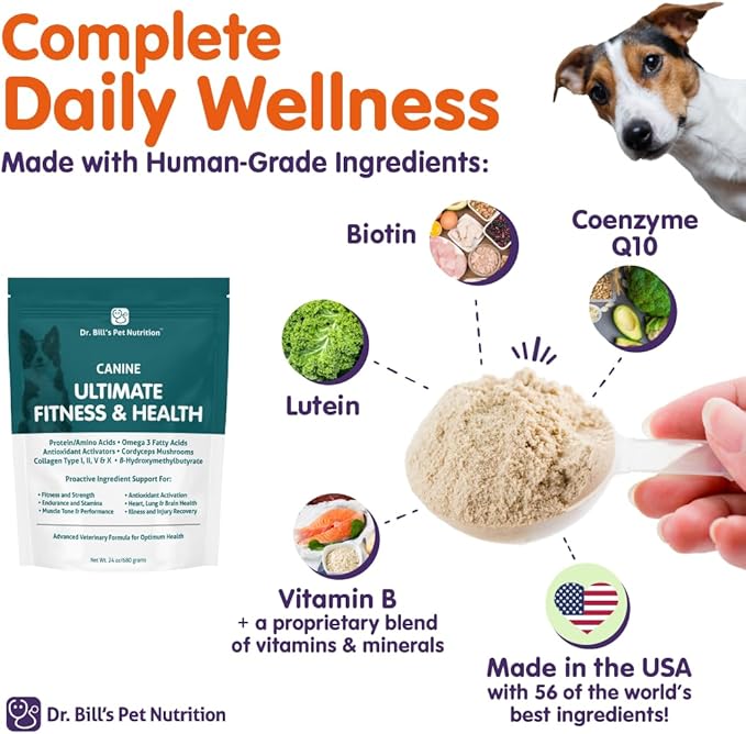 Dr. Bill’s Canine Ultimate Fitness & Health Vitamins for Dogs | Multivitamin for Dogs w/Coenzyme Q-10, Vitamin E, Vitamin D-3, Biotin, Folic Acid, Hyaluronic Acid Dog Vitamins and Supplements 340g