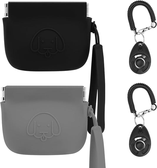 WALLFID Silicone Dog Treat Pouch Small Bag,Auto Closure,with Pet Training Clicker,Walking Bag for Dog and Cat,Pocket Size,Easy to Clean,Odorless (Dark Gray and Black)