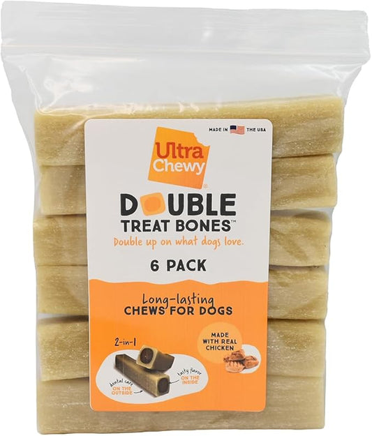 Ultra Chewy Chicken Double Treat Bones: Long-Lasting Dog Treats Made in USA for Large and Small Breeds, Highly Digestible, Ideal for Aggressive Chewers (6 Count)