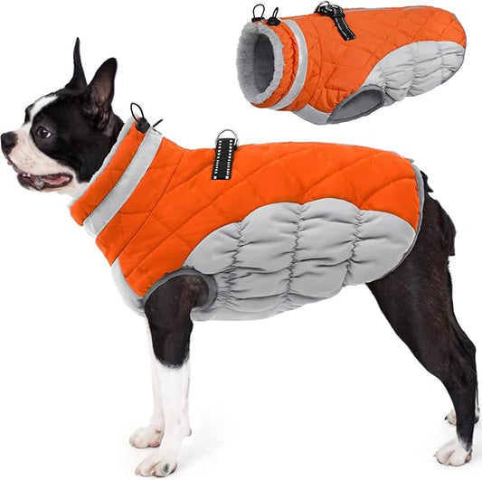 AOFITEE Dog Coat, Warm Dog Jacket, Reflective Winter Coats for Medium Dogs, Turtleneck Dogs Winter Jacket with Harness Built in, Waterproof Windproof Pet Fleece Vest Puffer Jacket, Orange M