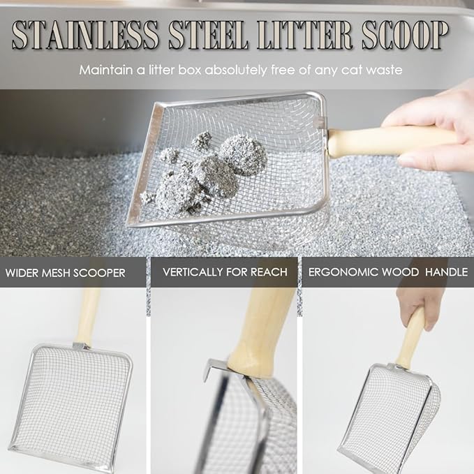 Fine Cat Litter Scoop, Stainless Steel Mesh Scooper, Kitty Metal Scooper for Litter Box Kitten Pooper, Wide Rabbit Poop Lifter with Beech Handle