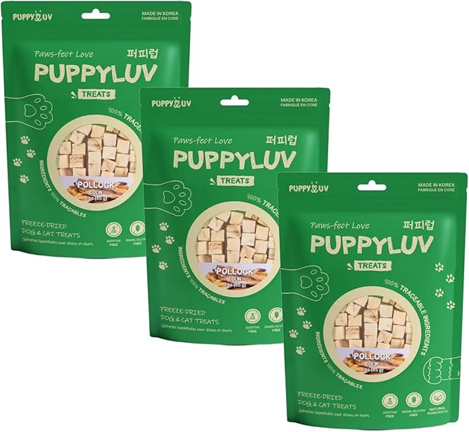 Puppyluv Freeze Dried Pollock Dog & Cat Treats, Wild Caught, Single Ingredient, Natural High Protein & Fish Oil, Grain Free, Gluten Free, 3.0oz x 3p