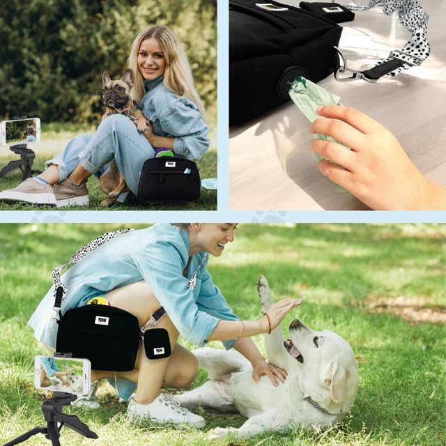Dog Walking Crossbody with Treat Pouch & Tripod - Hands-free Storage with Phone Holder, Poop Bag Dispenser, Hook for Used Poop Bags & Training Features (Black)