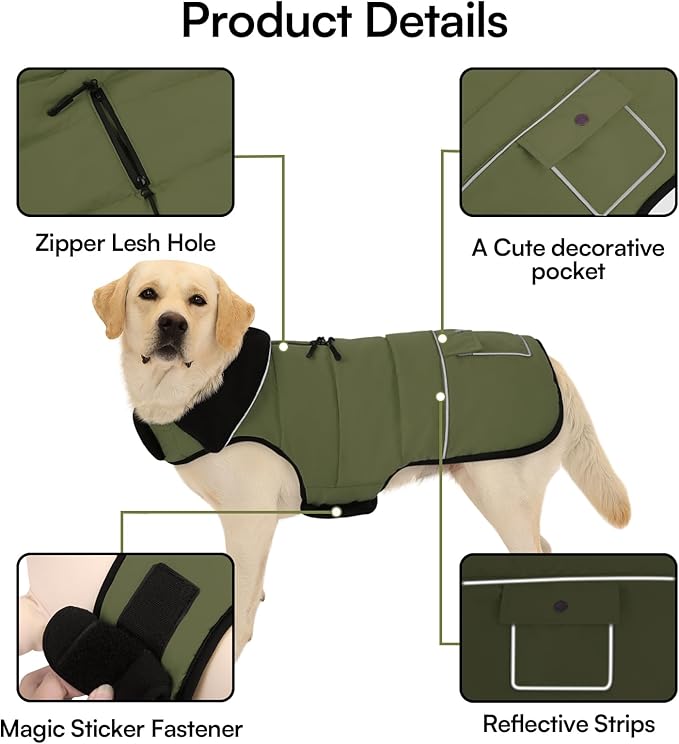 Dog Coat, Small Dog Jacket, Windproof Dogs Puffer Jacket, Fleece Lined Warm Dogs Winter Coat with Harness Hole (Army Green M)