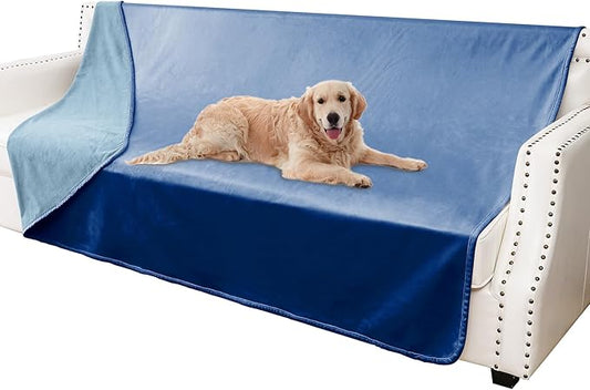 Waterproof Dog Blankets, Washable Pee Proof Pet Blanket for Couch, Soft Reversible Puppy Throw Furniture Protector Cover for Bed Sofa-68"x82",Navy Blue+Stone Blue