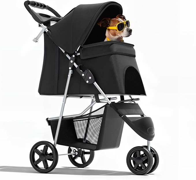 Magshion 3-Wheel Pet Stroller, Foldable Travel Jogger for Small & Medium Dogs & Cats (Up to 33lbs), Lightweight Carrier with Breathable Mesh Cover, Cup Holder & Storage Basket, Black