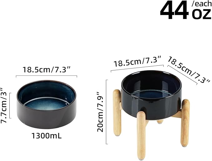 Ceramic 7.3inch Raised Dog Bowl Set, Elevated with Wooden Stand, Food and Water Bowl for Medium Breed Dogs, Weighted Dog Dishes, Pet Feeder(Starry Sky)