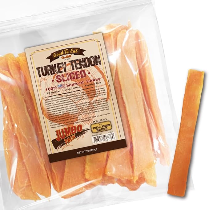 Gootoe Turkey Tendon Dog Treats, Sliced (M) 1 lb, USA-Sourced Turkey Tendon, Natural Snack, Premium Puppy Chews, Hypoallergenic, Rawhide Free, Reseal Value Bags, Sizes for Medium Dogs