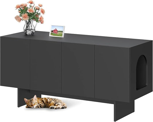 Double Litter Box Enclosure, Litter Box Enclosure for 2 Litter Boxes, Modern Litter Box Furniture for 2 Cats, Scandi Style (Black)