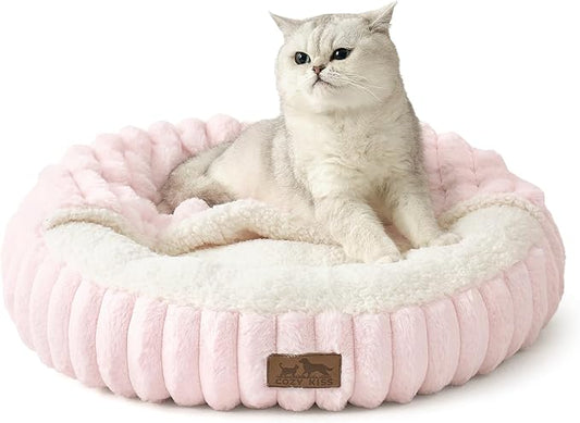 Cat Bed with Hooded Blanket, Round Fluffy Anti-Anxiety Pet Bed for Cats/Toy Breed Dogs, Cozy Donut Cuddler with Machine Washable Faux Fur & Anti-Slip Bottom(20"×20"×6",Pink)