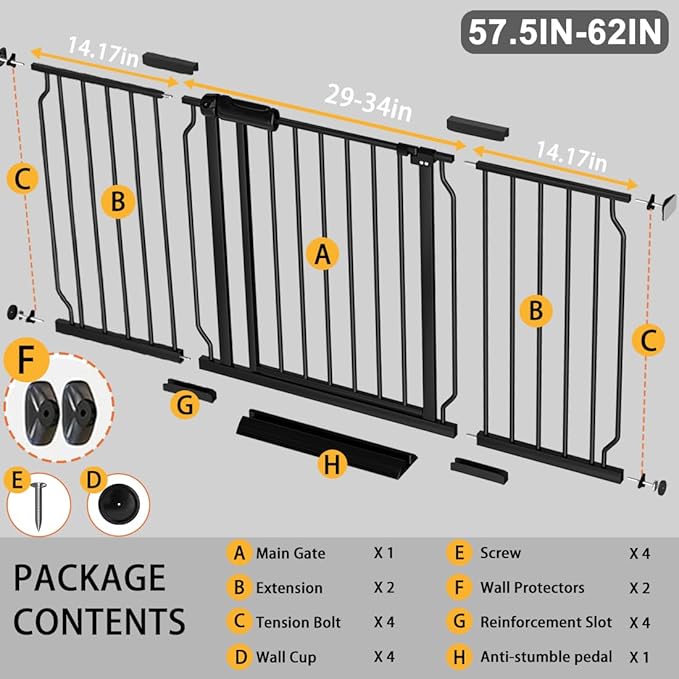 Fairy Baby Extra Wide Baby Gate Black 57.5-62 Inch Wide, Walk Through Pressure Mounted No Drill, Long and Large Tension Dog Gates for Pet and Kids