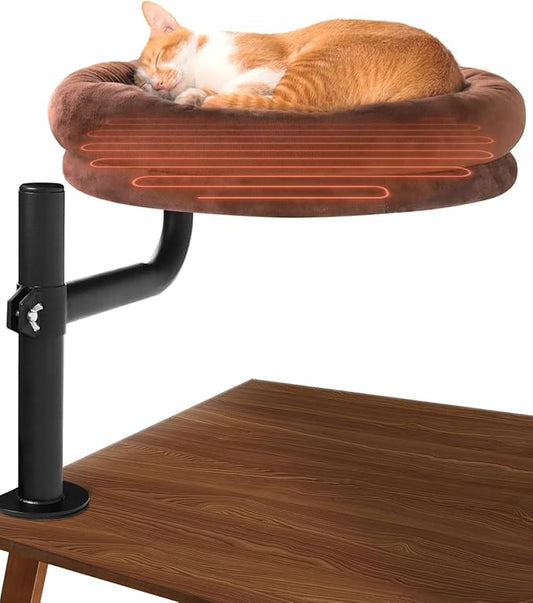 Cat Bed for Desk,Keeps Kitten Close and Workspace Clear Cat Bed,Height Adjustable and Rotatable,Drilling-Free(Heated Brown,18.5" Lx17.5 Wx17.5 W)