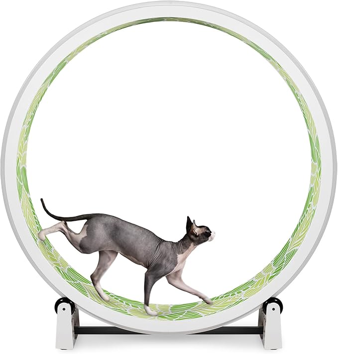 One Fast Cat - Cat Exercise Wheel - Gen. 7 - Safe 48" Diameter - Made in The USA - White Wheel with Jungle Leaves Foam Traction Pads and Solid Black Inline Wheels