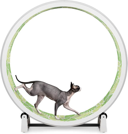 One Fast Cat - Cat Exercise Wheel - Gen. 7 - Safe 48" Diameter - Made in The USA - White Wheel with Jungle Leaves Foam Traction Pads and Solid Black Inline Wheels