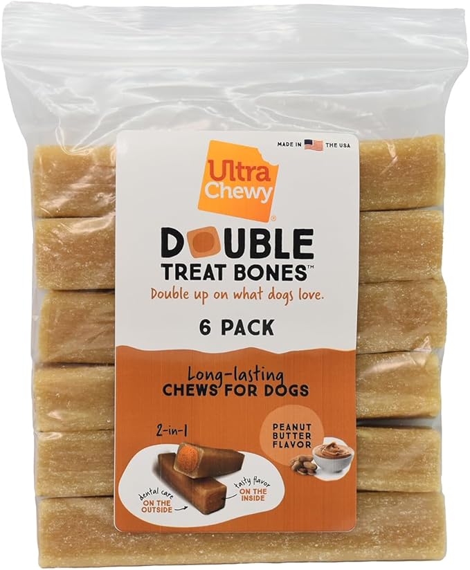Ultra Chewy Peanut Butter Double Treat Bones: Long-Lasting Chews Made in USA, Highly Digestible, for Aggressive Chewers (Peanut Butter, 6 Count)