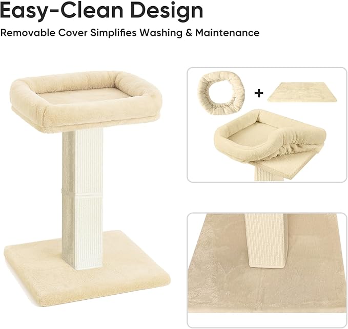 AGYM Cat Scratching Post, 32”Cat Scratcher with Large Plush Perch, Sisal & Carpet Scratching Post, Vertical Posts with Elevated Bed for Indoor Cats, Removable& Washable Cover, Beige