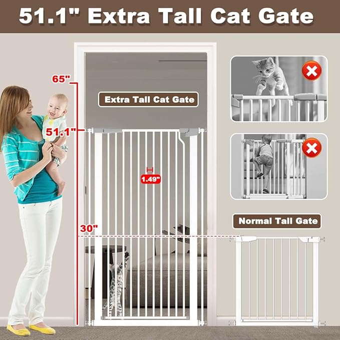 Fairy Baby 51.18" Extra Tall Cat Gate for Doorway, Adjustable 29.5"-32.6" Wide Pressure Mounted Dog Gate Indoor for Stairs, Child Safety Gate Metal Auto Close Baby Gate for Pet Kid Walk Through, White