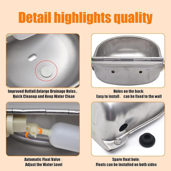Automatic Animal Drinking Water Bowl with Float Valve and Drainage Hole, 304 Stainless Steel Livestock Dispenser Waterer Kits Included Water Hose, 3/4''Adaptor, Float Valves Mounting Bolts (2 Sets)