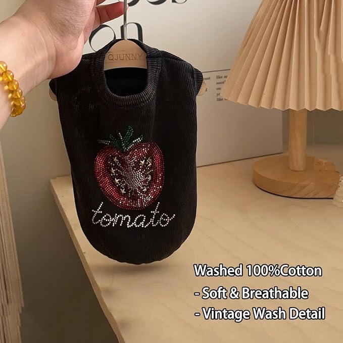 Washed Cotton Pet Vest with Rhinestone Fruit Designs, Soft & Stylish Small Dog Cat Vest for Spring Summer, Breathable & Shiny (Black-Tomato, Small)
