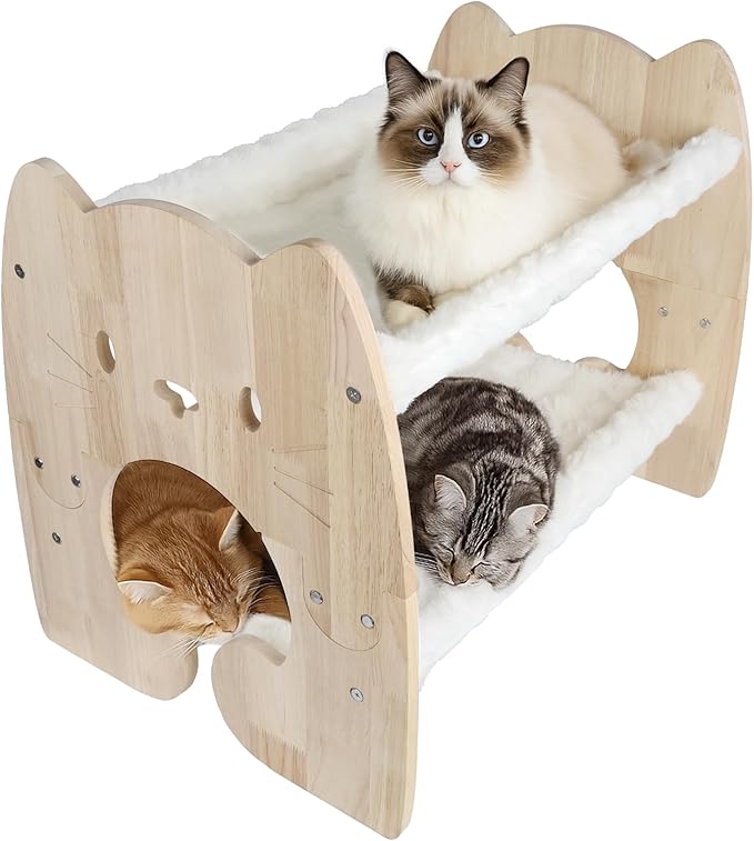 Extra Large Elevated Cat Bed, Solid Rubberwood Cat Hammock Bed with Soft Breathable Cover, Double Pet Beds for Multi-Cats Households Small Dog Rabbit