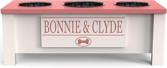 GrooveThis Woodshop - Personalized Elevated Triple Dog Bowl Stand for Large, Medium, Small, X-Small Dogs - 3 Stainless Steel Food and Water Bowls - Raised Dog Dish with Internal Storage (Medium, Pink)