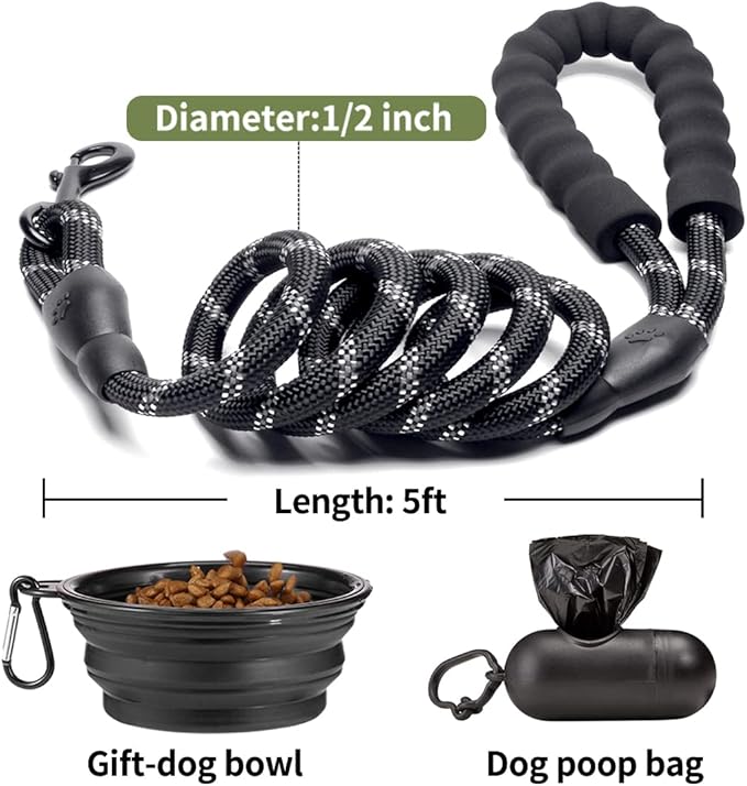 COOYOO 2 Pack Dog Leash 5 FT Heavy Duty - Comfortable Padded Handle - Reflective Dog Leash for Medium Large Dogs with Collapsible Pet Bowl¡­