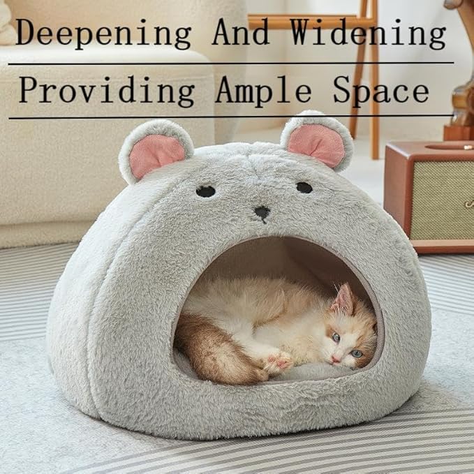 Cozy Mouse Ear Pet Cave Bed Ultra-Soft Gray Plush cave Bed, Cat Cave Beds Cat House Cat Tent with Removable Washable Cushioned Pillow, Cat Beds&Dog Beds,Perfect for Small & Medium Pets(Big)