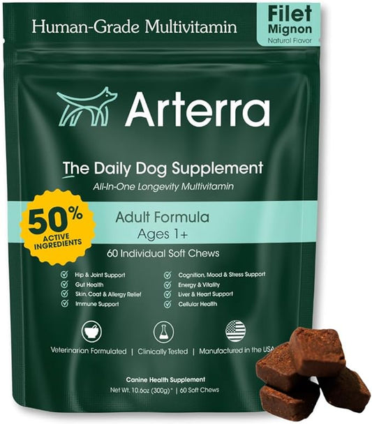Arterra Longevity Multivitamin for Dogs – 50% Active Ingredients – Vet-Formulated Daily Soft Chews for Gut, Brain, Joint & Immune Health – Human-Grade Supplement | 60 Count