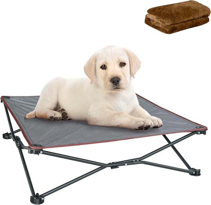 unp Outdoor Lifted Dog Bed - Pop up Dog Cot Bed for Medium Dogs, Washable Plush Cover & Carrying Bag - 26.7 x 26.7 x 10 inch Dog Camping Chair for Lawn (Brown, M)