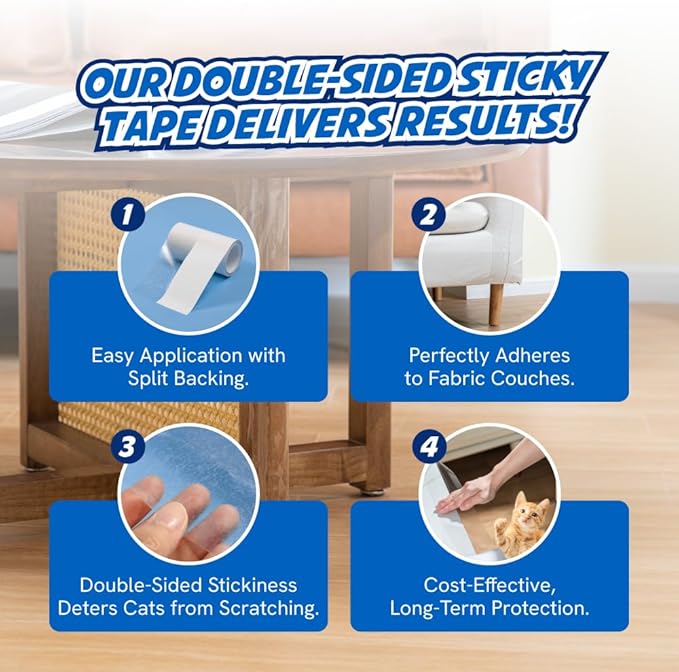 2 Rolls Cat Scratch Furniture Protector Tape – Double-Sided Sticky Training (4" x 20ft Each) – Anti-Scratch Sofa & Couch Guard – Clear, Easy to Apply & Remove – Not for Leather, Velvet, Microfiber