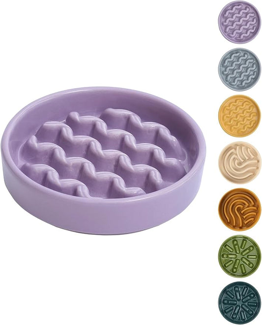 Ceramic Maze Dog Slow Feeder with Non-Slip Silicone Rim – Heavy-Duty Stoneware Bowl with Puzzle Pattern for Bloating & Obesity Prevention (Purple-S)
