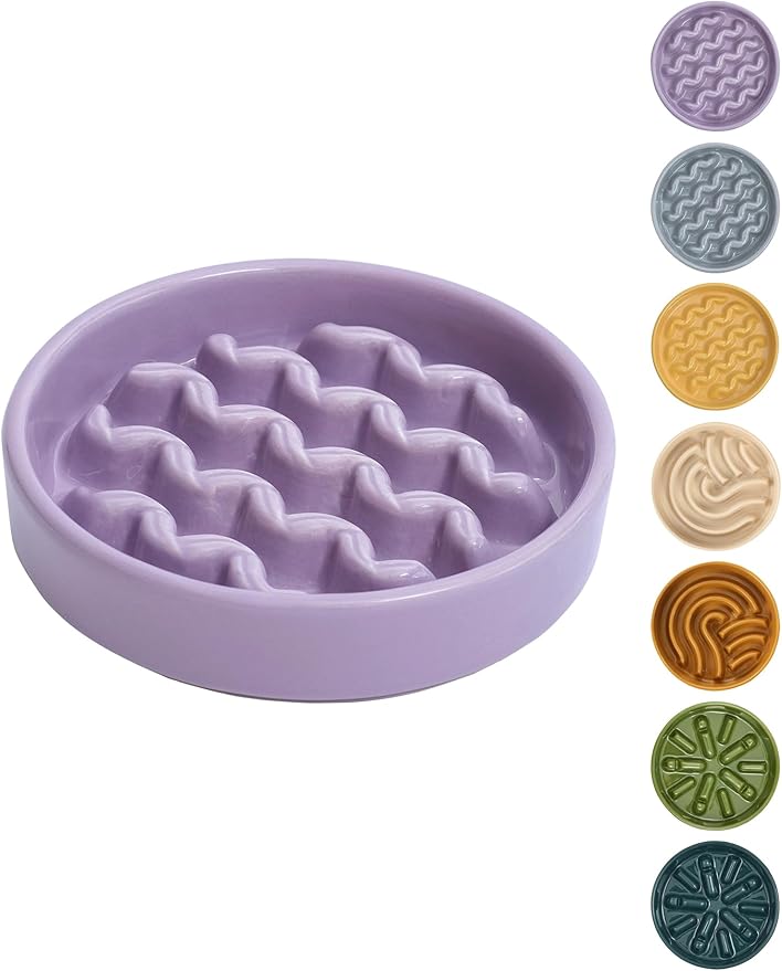 Ceramic Maze Dog Slow Feeder with Non-Slip Silicone Rim – Heavy-Duty Stoneware Bowl with Puzzle Pattern for Bloating & Obesity Prevention (Purple-M)