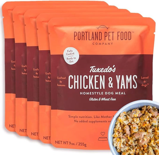 Portland Pet Food Company Tuxedo’s Chicken & Yams Fresh Dog Food Pouches - Human-Grade, Gluten-Free Wet Pet Meal Topper & Mix-Ins - Small & Large Breed Puppy & Senior Dogs - Made in The USA - 5 Pack
