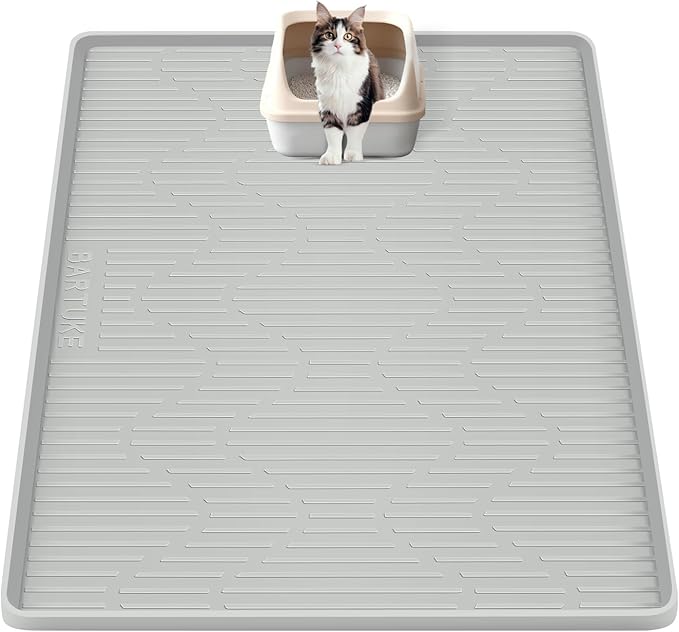Silicone Cat Litter Mat, 28" x 22" Large Cat Litter Box Mat Litter Trapping Mat for Scatter Control, Waterproof, Soft on Kitty Paws, Clean Floor (Grey)