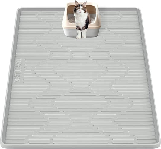 Silicone Cat Litter Mat, 28" x 22" Large Cat Litter Box Mat Litter Trapping Mat for Scatter Control, Waterproof, Soft on Kitty Paws, Clean Floor (Grey)