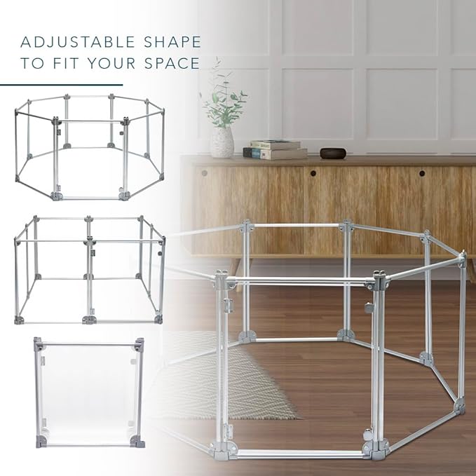 Front Row Foldable Dog Playpen – Durable and Portable Puppy Playpen for Exercise, Rest & Play – Clear Fence Panels with Aluminum Rods and Crate for Dogs and Other Small Pets (Silver, 8-Panel)