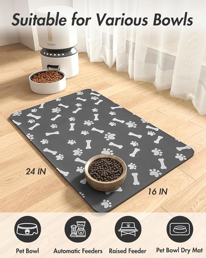 MontVoo Dog Food Mat-Pet Feeding Mat for Food and Water-No Stains Quick Dry Dispenser Cat Bowl Mat for Messy Drinkers(16"X24" Dark Grey)